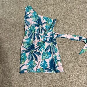 Cupshe One Shoulder Tropical Print Dress - Pink and Blue